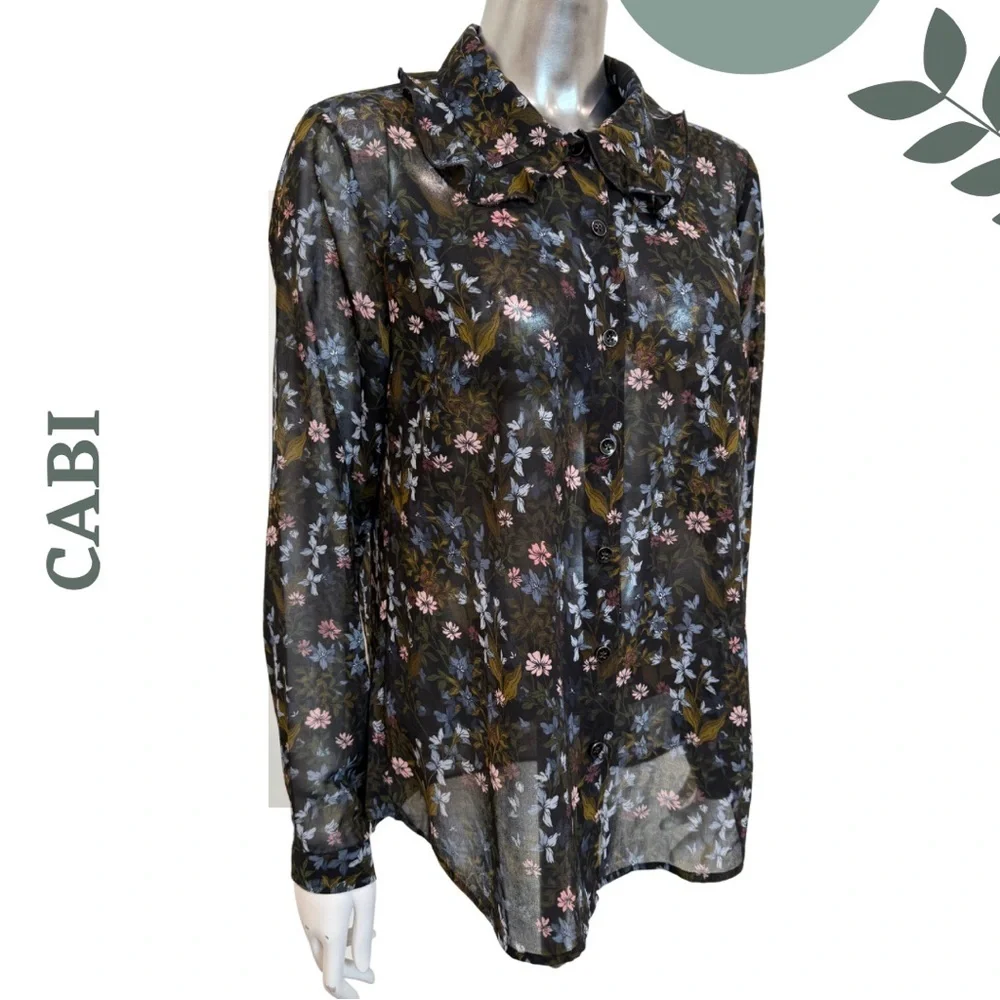 Cabi Women’s Sheer Floral Button-Down Floret Blouse Ruffle Collar  – Size Small - Picture 3 of 6
